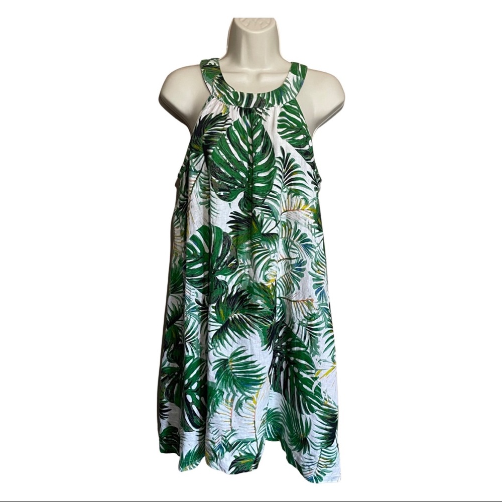 Talbots Women Linen Mini White Shift Dress Monstera Tropical Sleeveless Sz XS